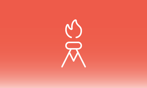 A white line icon of a fire on a red background.