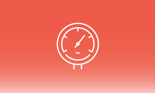 A line drawing of a boiler with steam coming out of it on a red background.