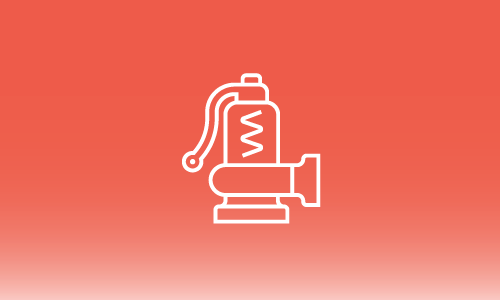 A line drawing of a boiler with steam coming out of it on a red background.