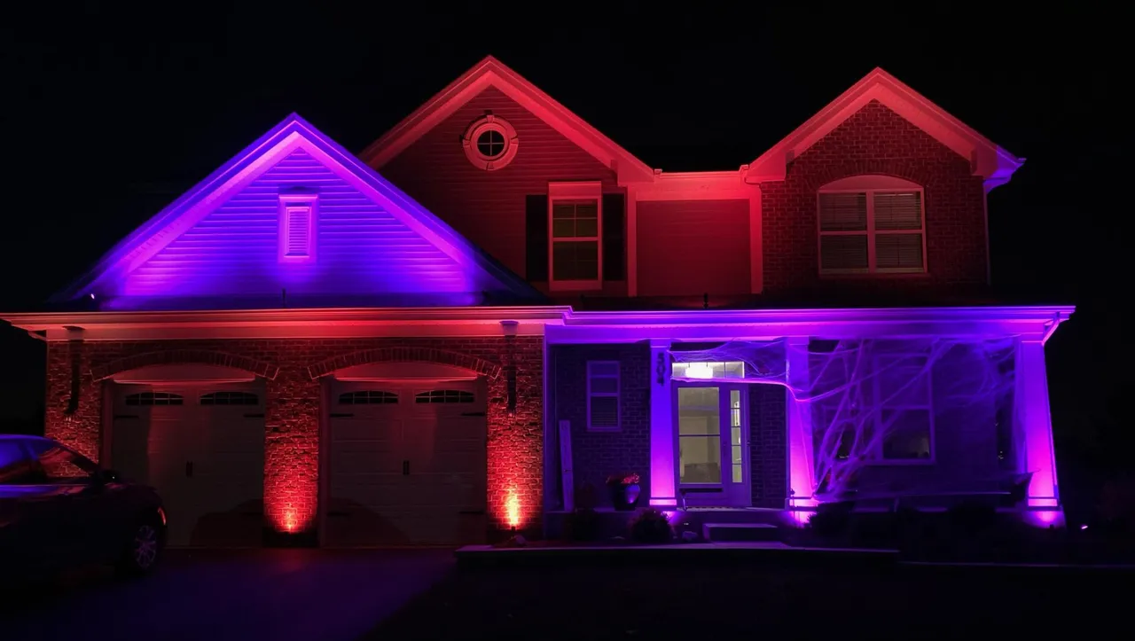 A house is lit up with red and purple lights at night