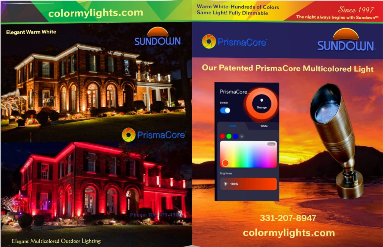 An advertisement for colormylights.com shows a building lit up in red