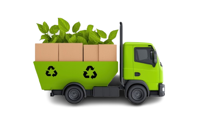 A green recycling truck with boxes and plants in the back.