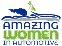 Logo for Amazing Women in Automotive featuring a stylized blue figure, a green dragonfly, and dark blue text on white.