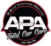 A red and black circular logo for APA Total Car Care, featuring white text and 