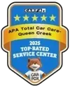 CARFAX Top-Rated Service Center award badge for 2025, presented to APA Total Car Care-Queen Creek with a fox mascot.