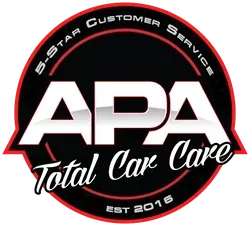 A red and black circular logo for APA Total Car Care, featuring white text and 