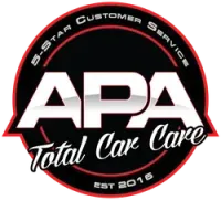 A red and black circular logo for APA Total Car Care, featuring white text and