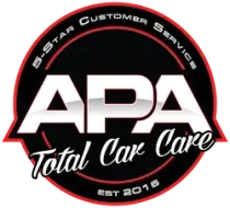 A red and black circular logo for APA Total Car Care, featuring white text and 