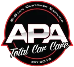 A red and black circular logo for APA Total Car Care, featuring white text and