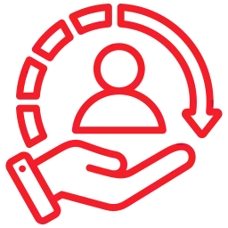 A red line-art icon showing a person centered above an open hand, with a curved arrow circling behind them.