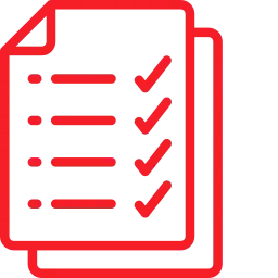 A red outline icon of a two-page document showing a checklist with four bulleted lines and four checkmarks.