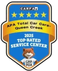 CARFAX Top-Rated Service Center award badge for 2025, presented to APA Total Car Care-Queen Creek with a fox mascot.