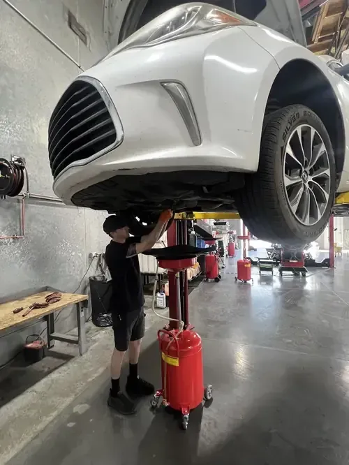 A technician performs an oil change on a raised white car using a red waste oil drain in an automotive workshop.