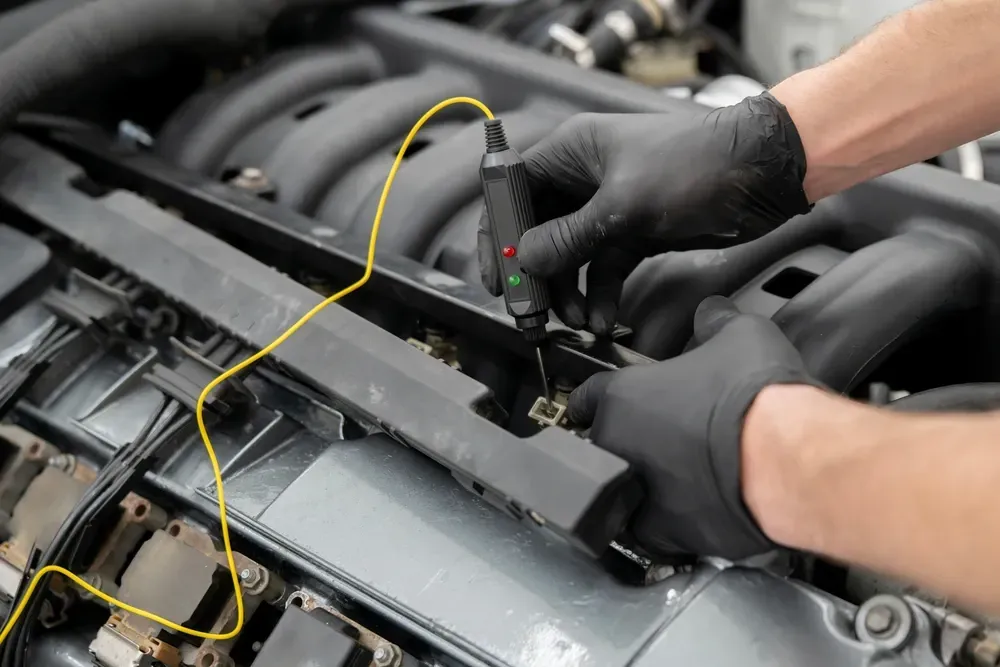 Mechanic wearing black gloves uses a circuit tester to check the electrical components of a car engine.
