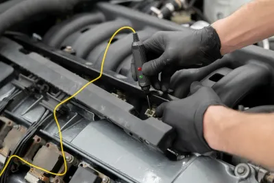 Mechanic wearing black gloves uses a circuit tester to check the electrical components of a car engine.