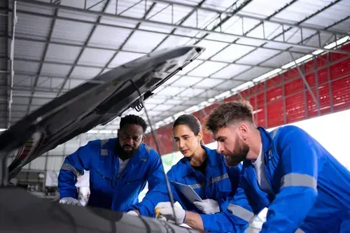 Three mechanics in blue uniforms examine the open hood of a car inside a brightly lit workshop.