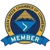Queen Creek Chamber of Commerce Member logo featuring a blue mountain and river graphic inside a gold and blue circle.