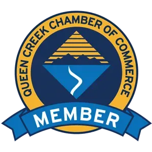 Official Queen Creek Chamber of Commerce member logo with a mountain and river icon inside a circular seal.