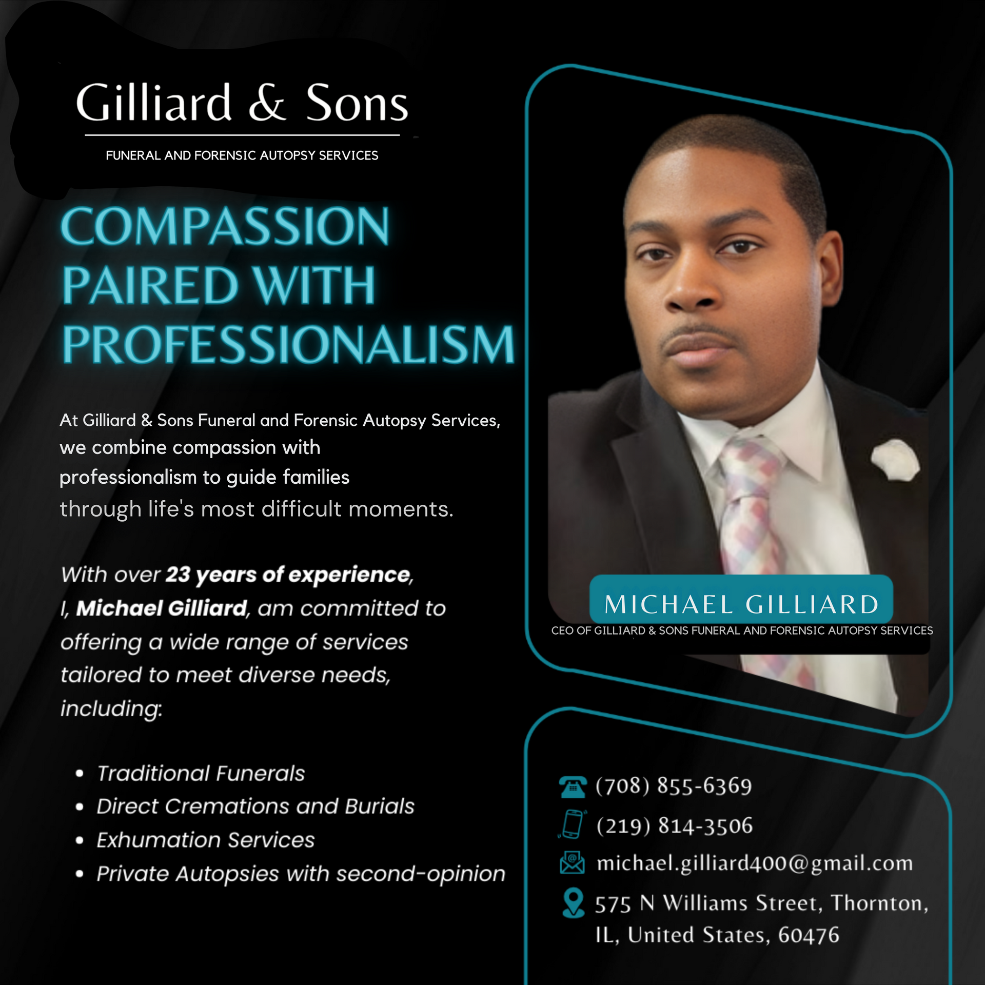 An advertisement for gilliard & sons funeral services shows a man in a suit and tie
