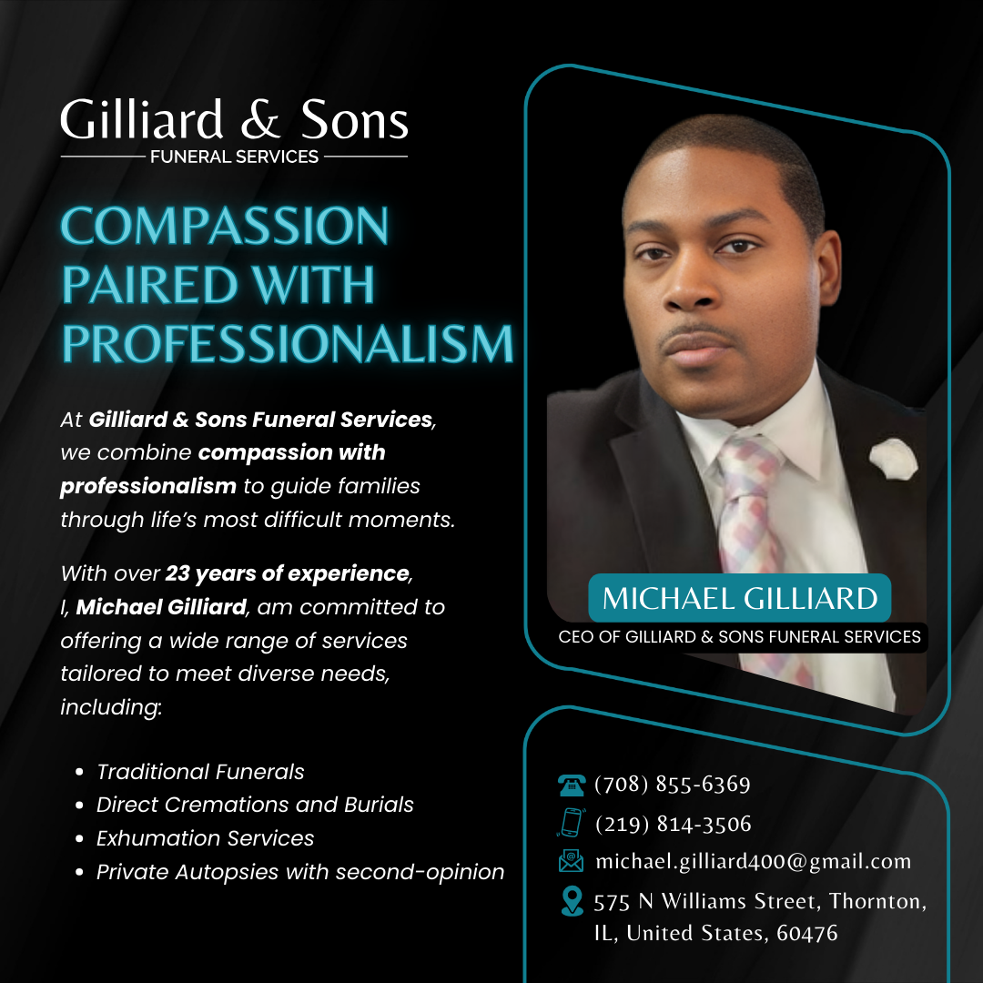 An advertisement for gilliard & sons funeral services shows a man in a suit and tie