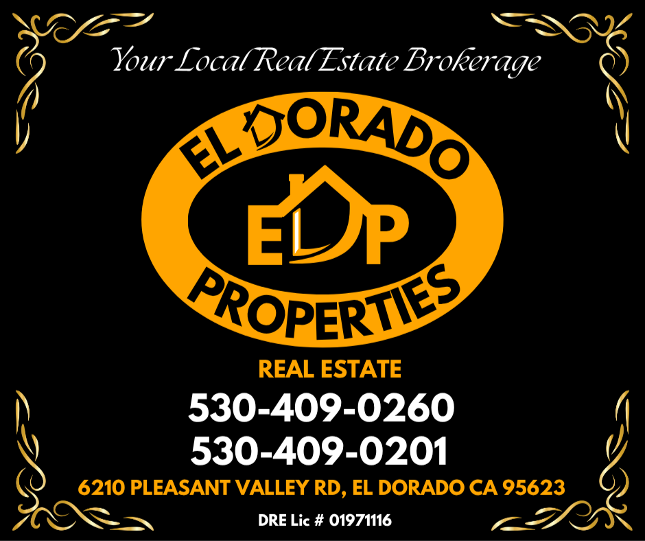 El Dorado Properties real estate advertisement. Black background with gold logo, contact info, and address.