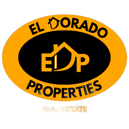 Logo for El Dorado Properties: Oval with black center, gold outline, text, and house icon.