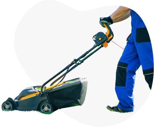 A man is pushing a lawn mower on a white background.