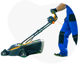 A man is pushing a lawn mower on a white background.