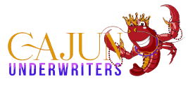 Logo of Cajun Underwriters; a smiling red crawfish wearing a crown, holding a golden claw. Text below.
