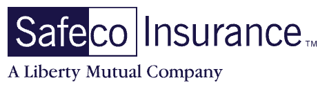 Safeco Insurance logo with text and a white and navy blue rectangle. 