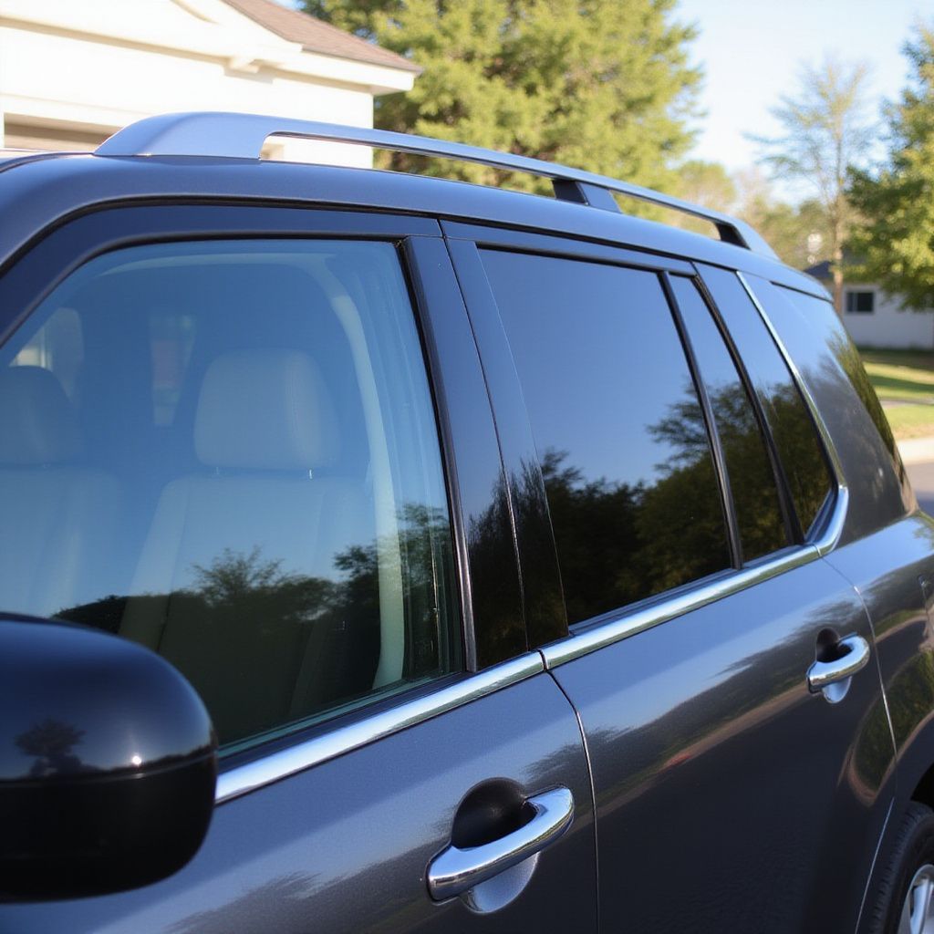 Gray SUV with tinted windows parked outside on a sunny day.