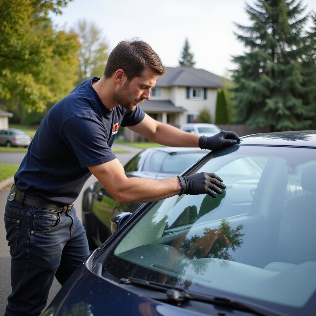 Man in black gloves cleaning car windshield outdoors.