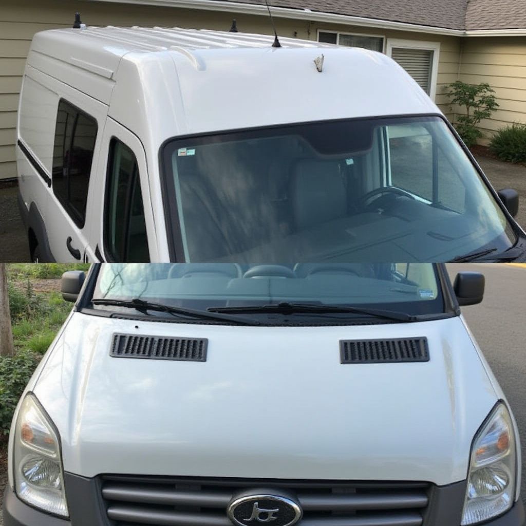 White van from two perspectives: top view and front view, showing roof, windshield, and hood.