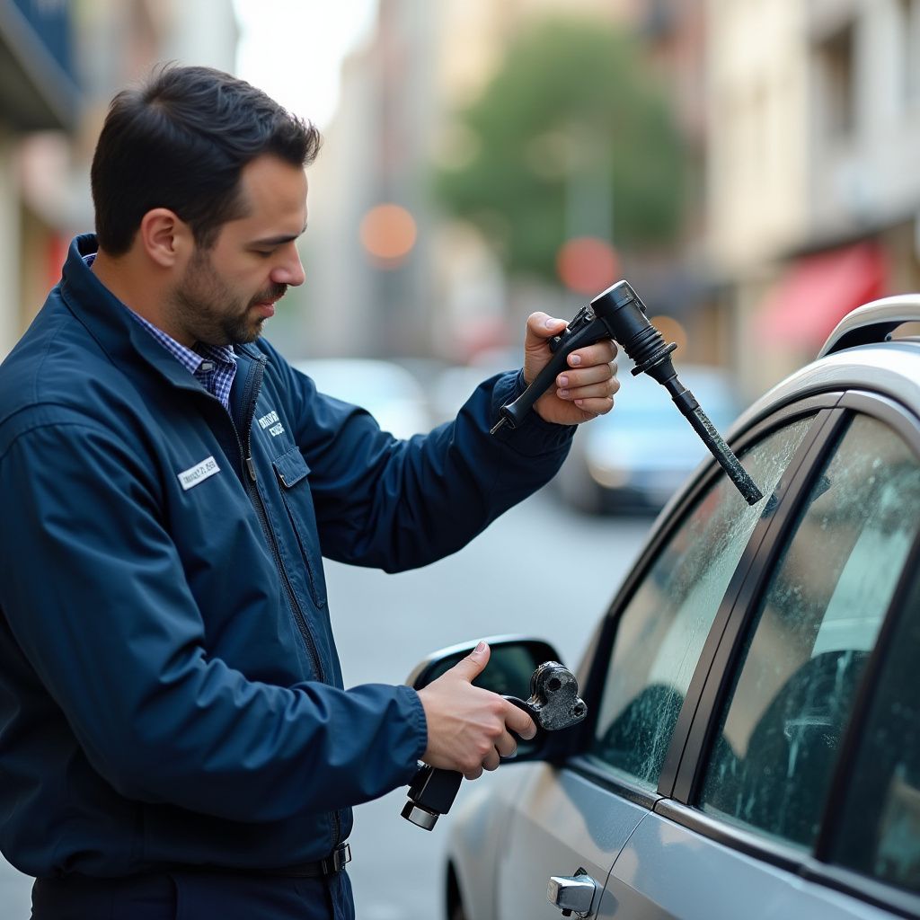 Man in blue jacket using a handheld device on a car's window and side mirror on a street.