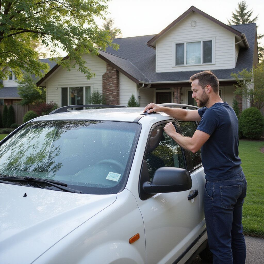 Man cleaning the roof of a white car parked in front of a house.
