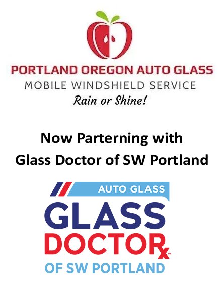 Portland Oregon Auto Glass logo: red apple with a white half, text, and