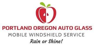 Portland Oregon Auto Glass logo: red apple with a white half, text, and
