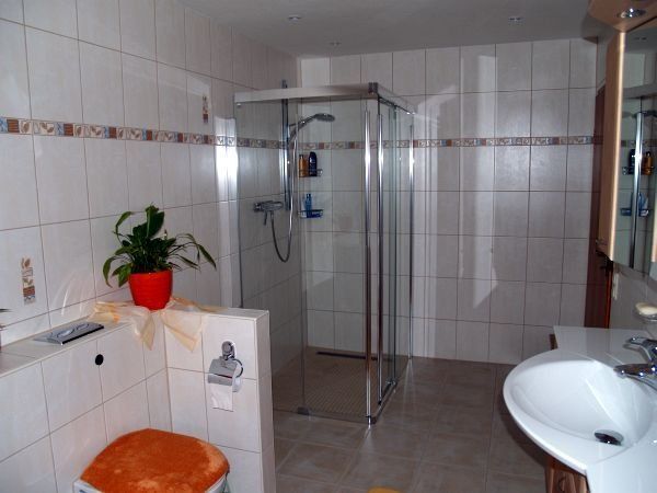 Ein Badezimmer mit Toilette, Waschbecken und Dusche