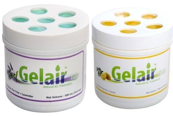 Two Gelair natural air treatment jars: white with blue/yellow lids, labels — EcoAir Conditioning in Coconut Grove, NT