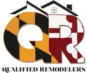 Logo for Qualified Remodelers with letters "Q" and "R" filled with Maryland flag patterns, topped with house outlines.