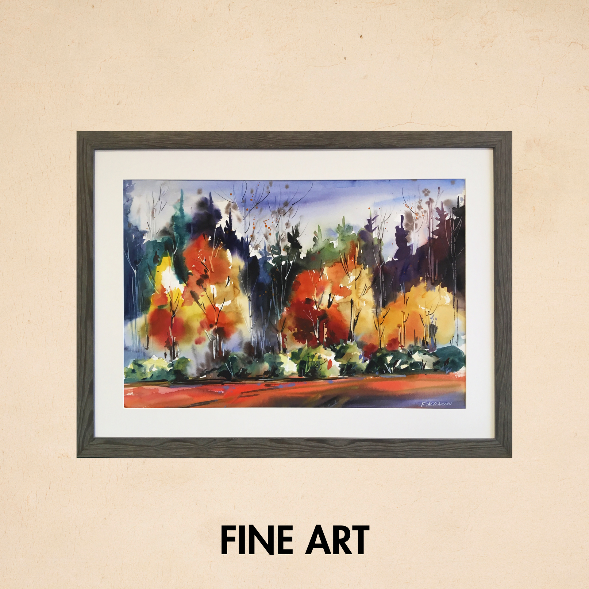 A framed painting of trees with the words fine art below it
