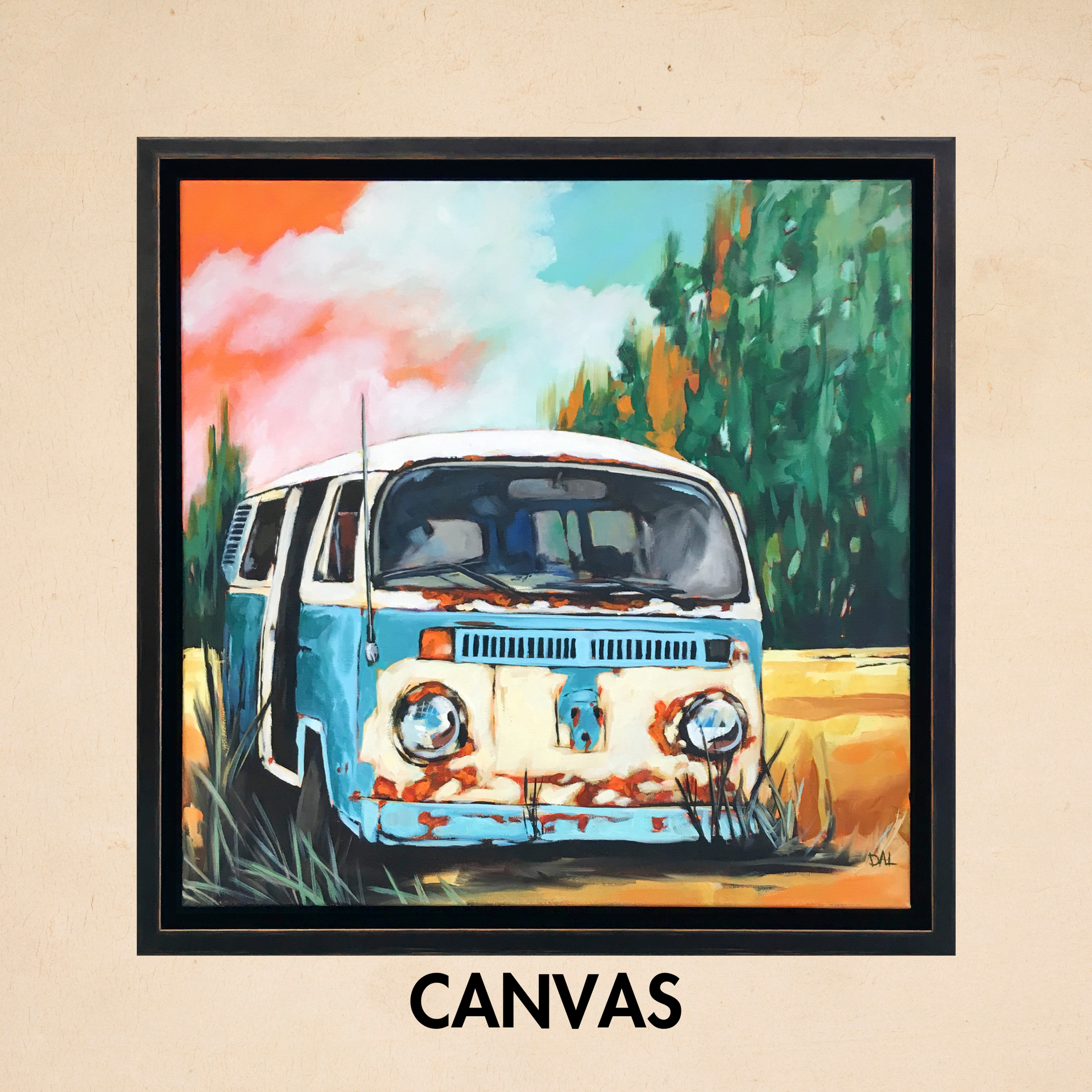 A canvas painting of a blue and white van