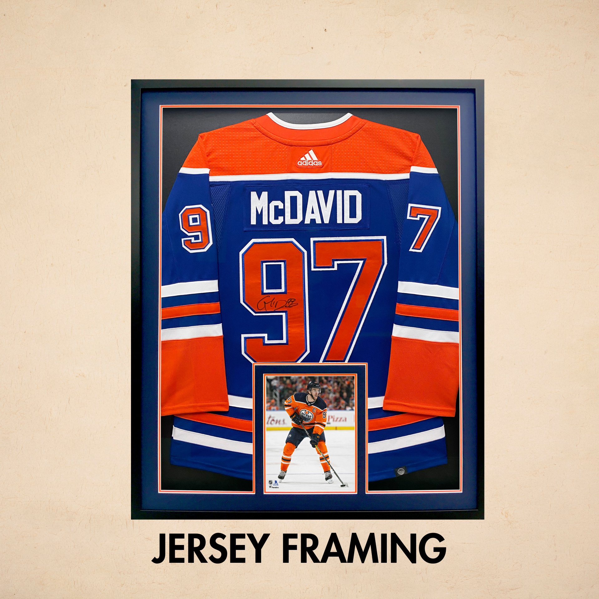 A framed jersey with the number 97 on it