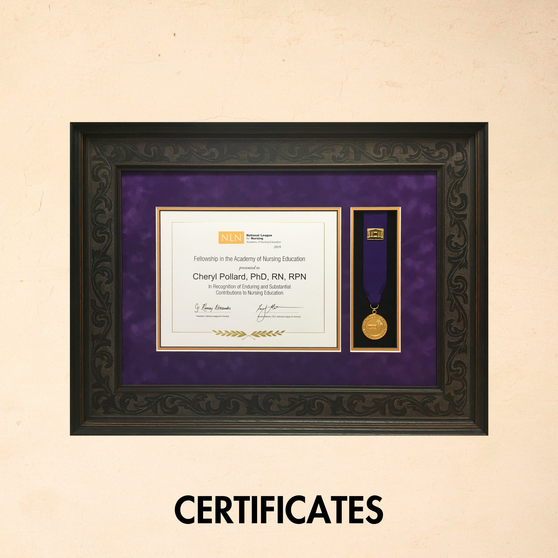 A framed certificate with the word certificates on the bottom