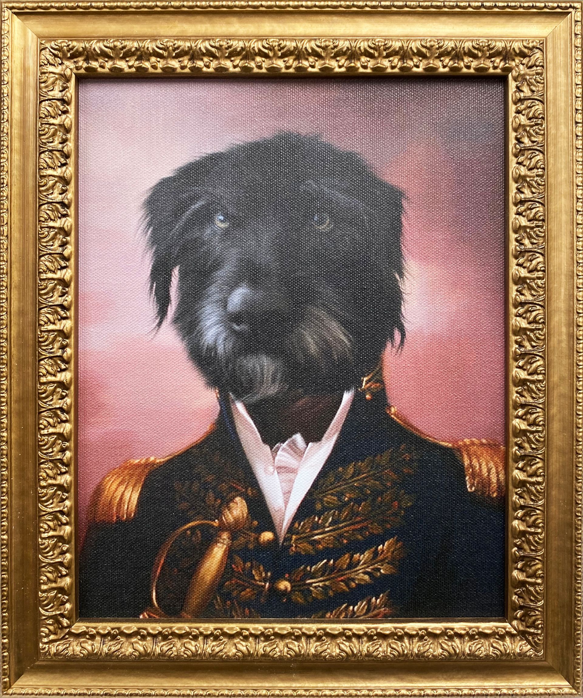A painting of a dog in a military uniform in a gold frame.