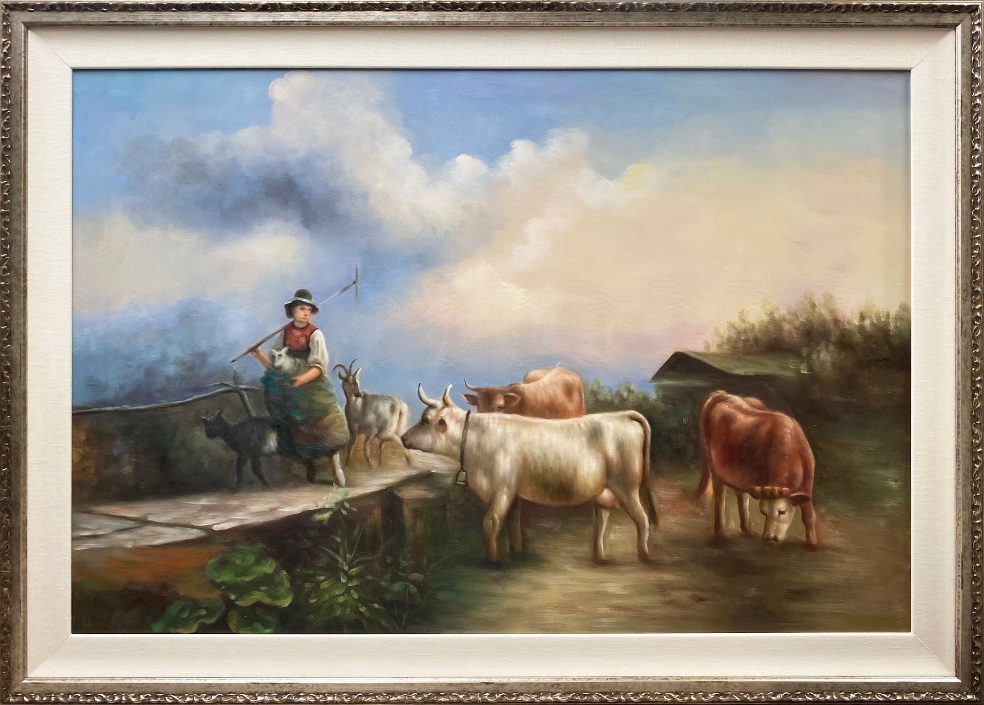 A painting of a woman standing next to a herd of cows.