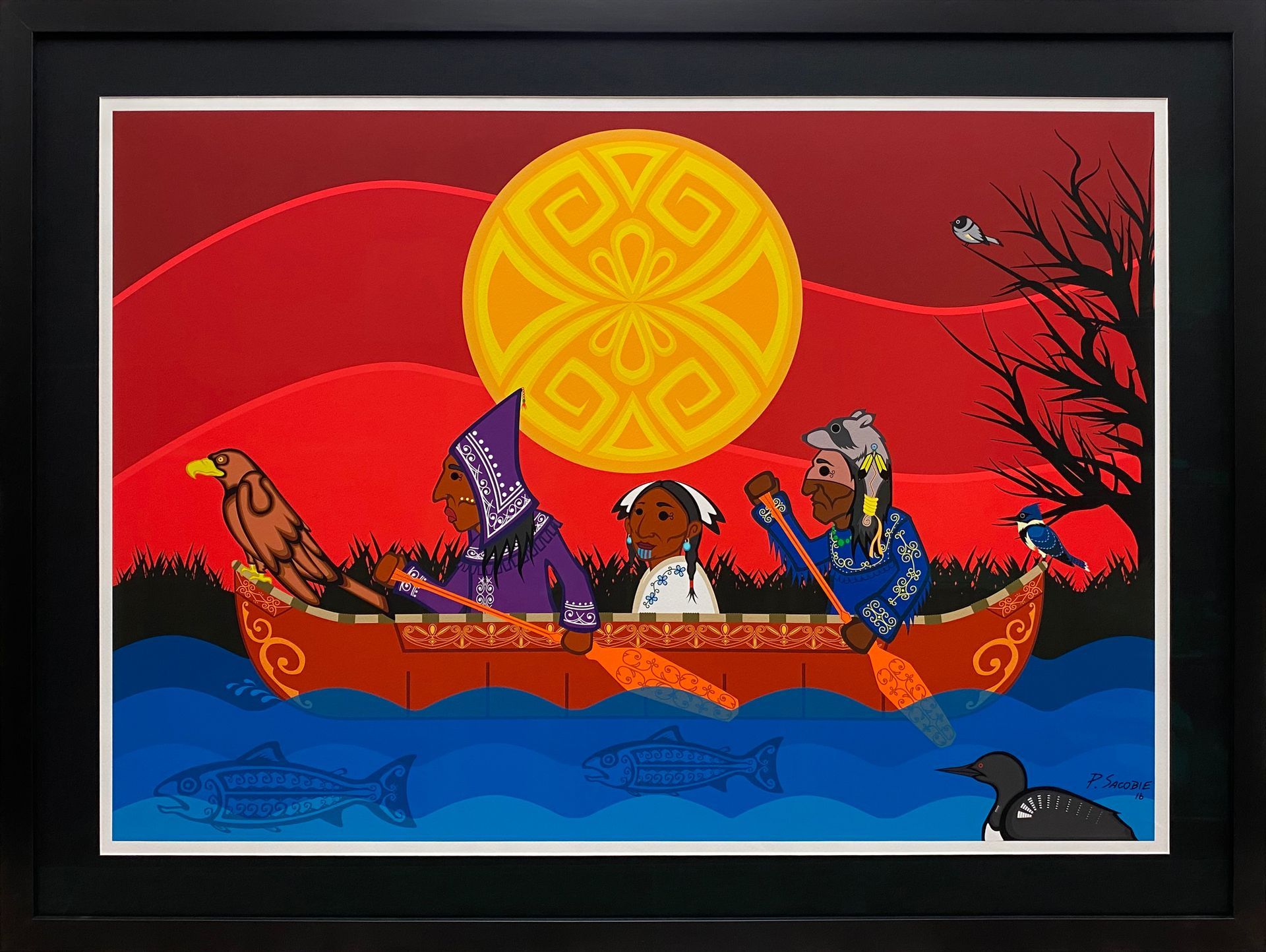 A painting of a group of people in a canoe