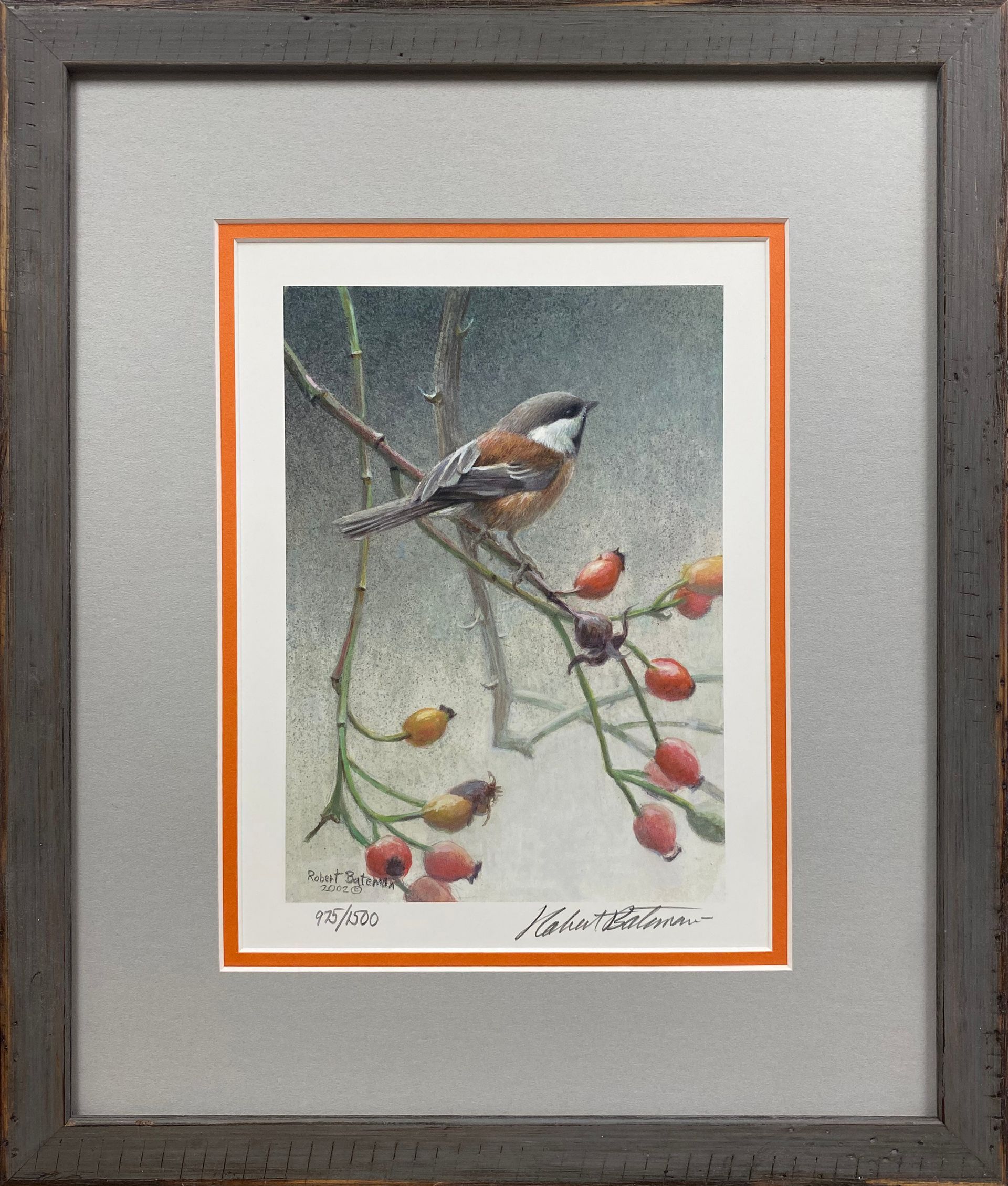 A framed picture of a bird sitting on a branch
