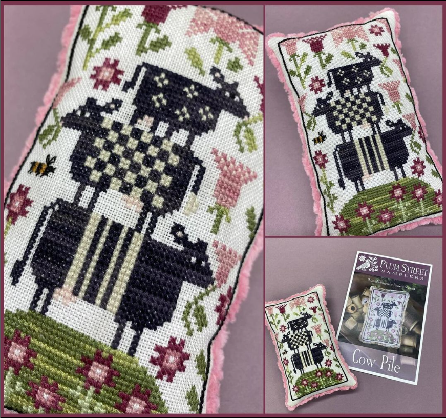 A cross stitch pattern of sheep is on a pillow