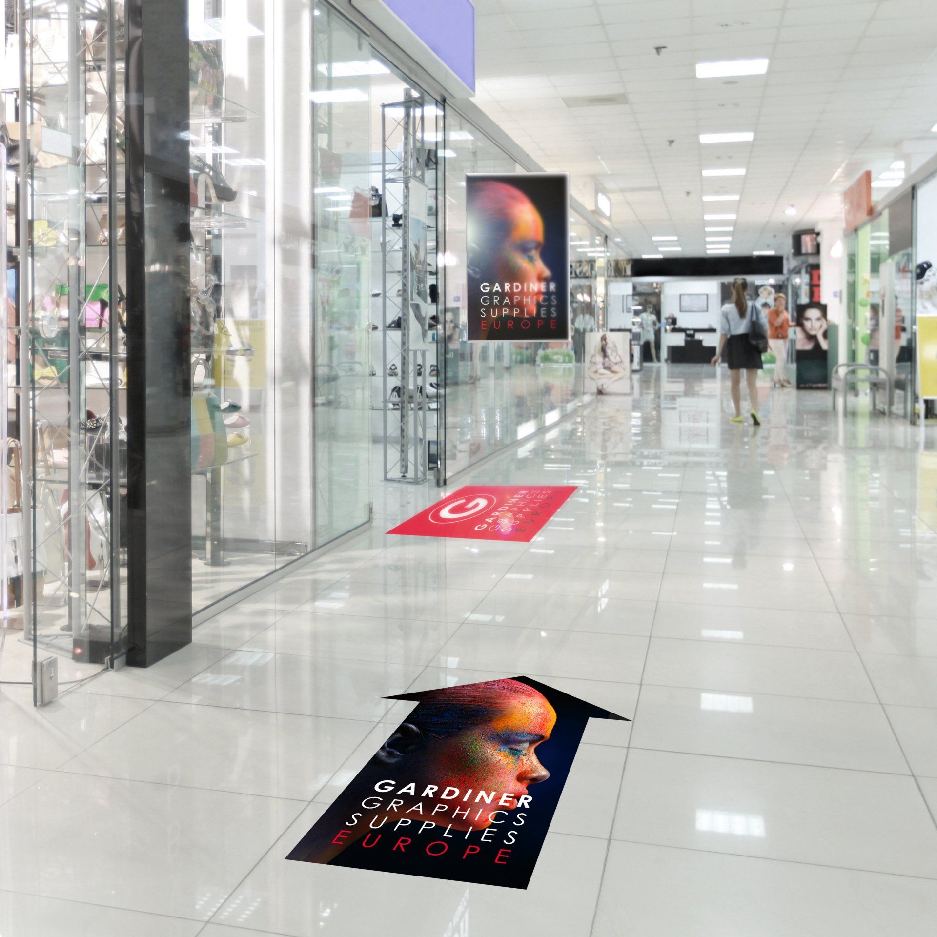 Image shows - Pressure Sensitive Crystal cold laminated printed as R10 slip rated floor graphics